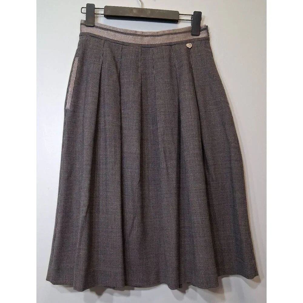 Twin set womens small A line midi skirt blue brown virgin wool herring bone